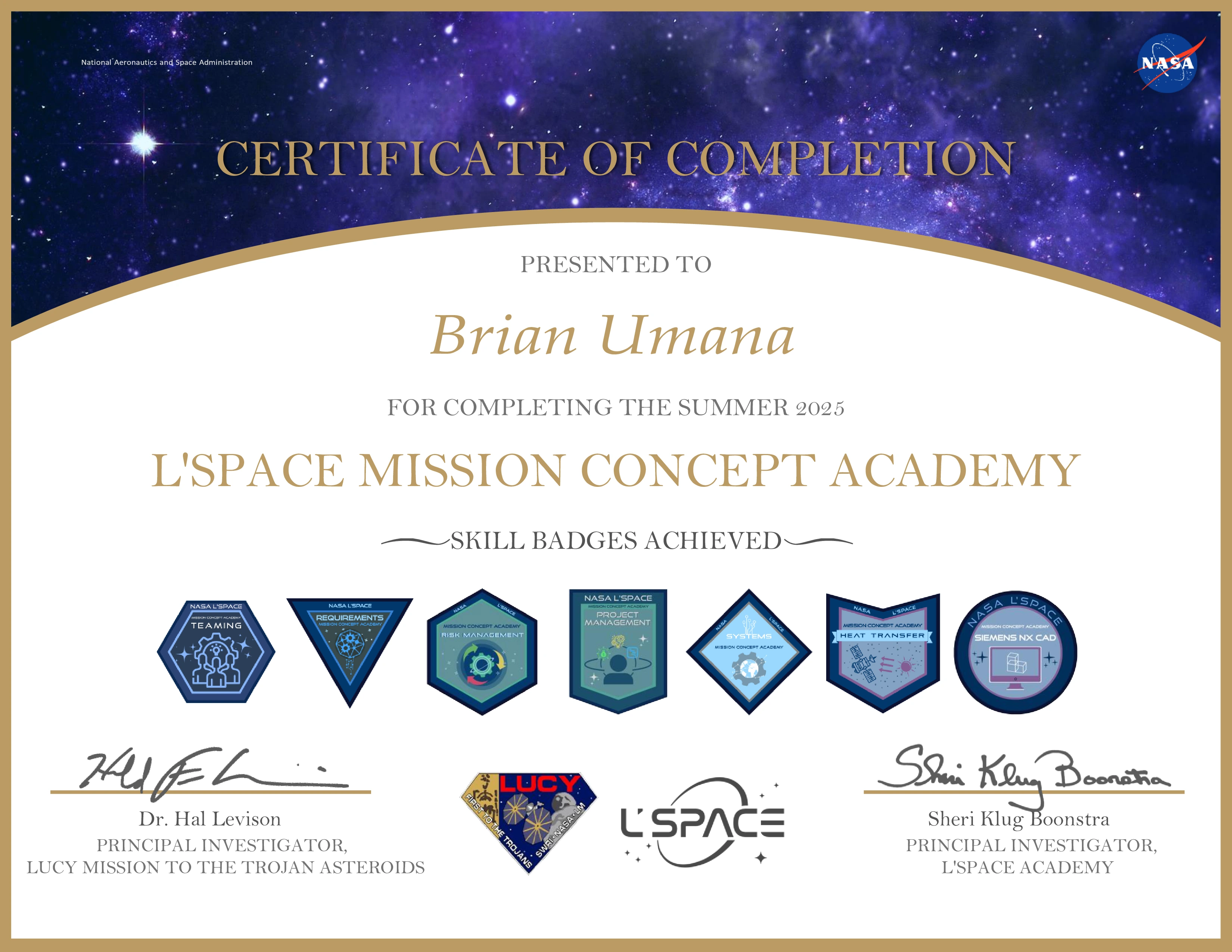 NASA L'SPACE Certificate of Completion